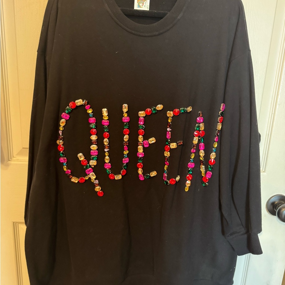QUEEN OF SPARKLES Black Sweatshirt with Colorful Embellishments
